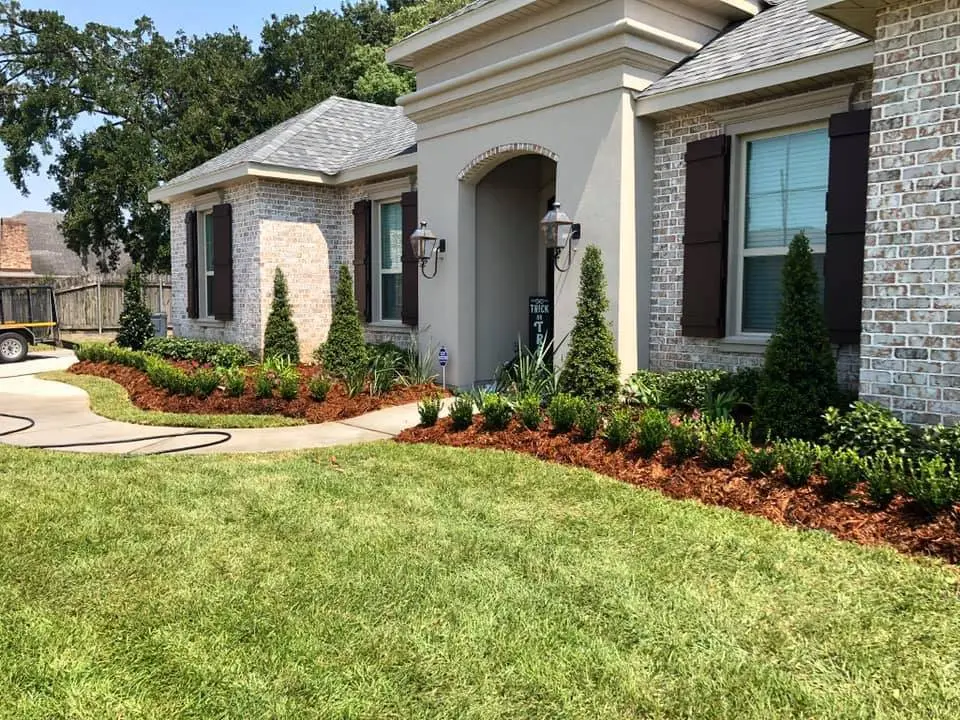 Manicured front lawn with a curated flower bed