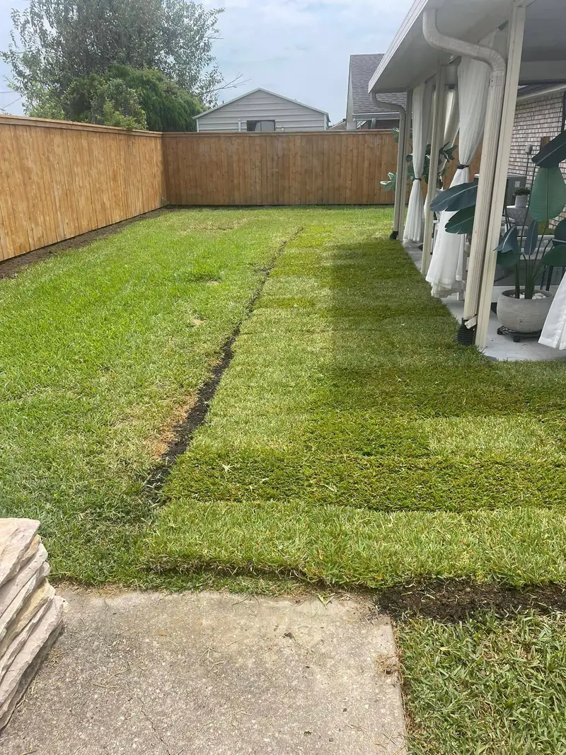 A residential backyard prepared for new sod installation, featuring bare soil ready for transformation, serviced by Southern Grounds LLC.
