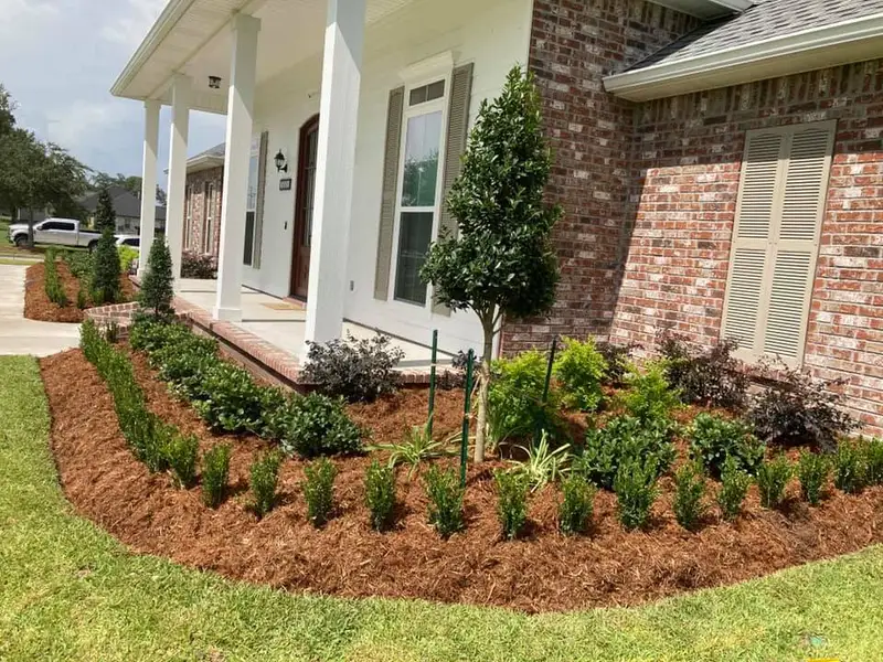 Beautiful landscaping flowerbeds with mulch crafted and installed by Southern Grounds, LLC in the greater new orleans area