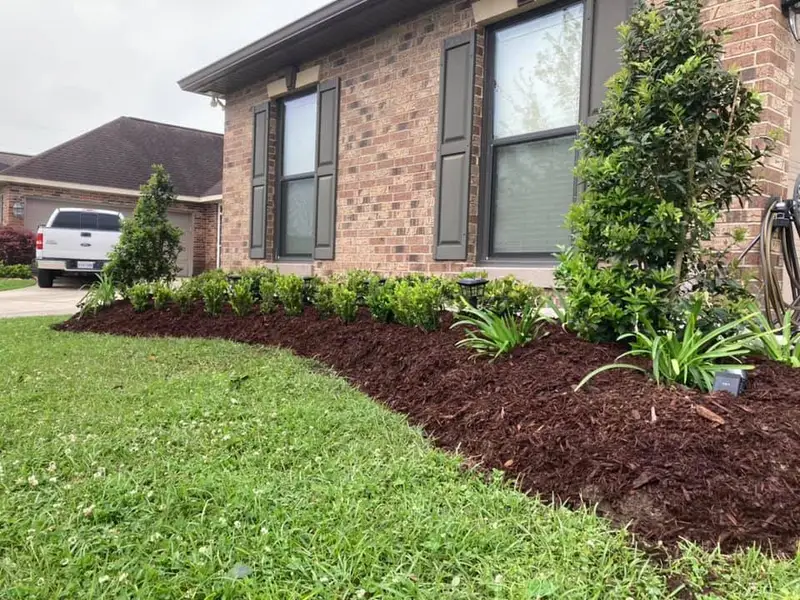 Beautiful landscaping flowerbeds with mulch crafted and installed by Southern Grounds, LLC in the greater new orleans area