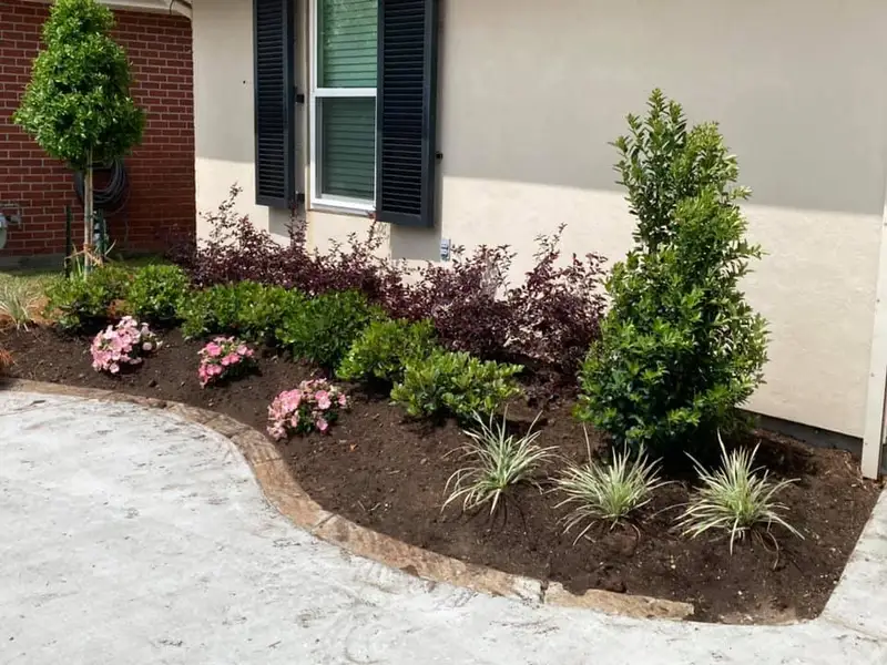 Beautiful landscaping flowerbeds with mulch crafted and installed by Southern Grounds, LLC in the greater new orleans area