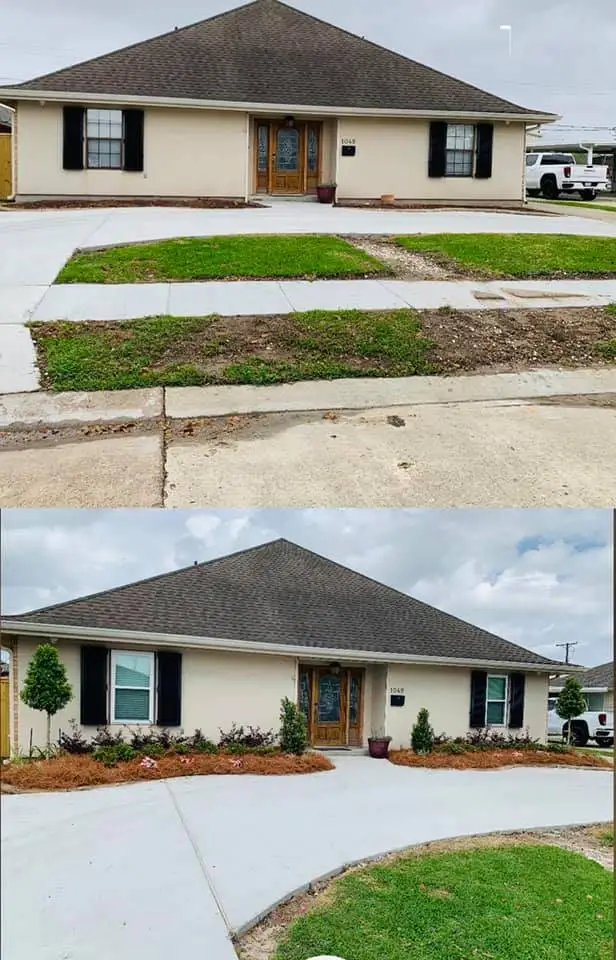 Beautiful landscaping flowerbeds with mulch crafted and installed by Southern Grounds, LLC in the greater new orleans area